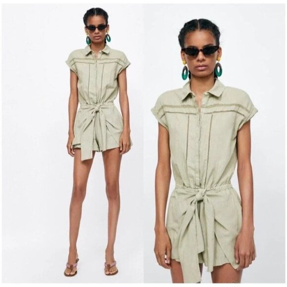 Zara Pants - Zara Sage Green Linen Tie Front Romper Lace Khaki Womens L Neutral